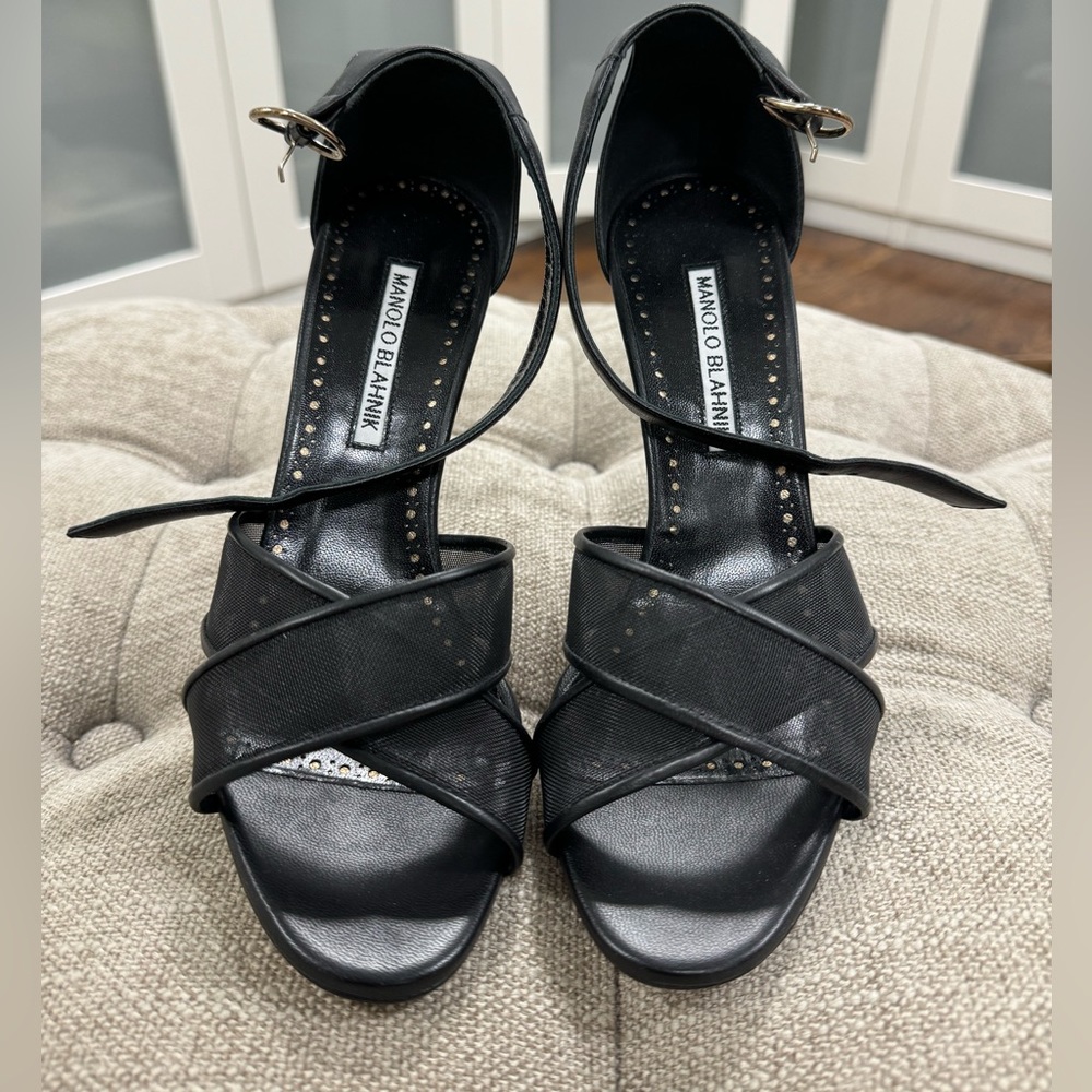 NEW BLACK 'TAMA' MESH LEATHER MANOLO BLAHNIK SANDALS size 37